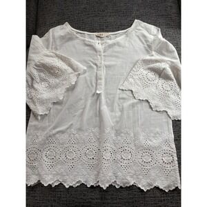 DESRAY White Eyelet Lace Bell Sleeve Tunic Top Blouse Women Size 38